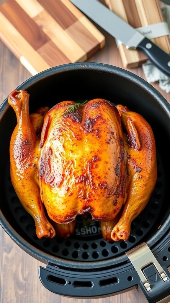 Crispy Air Fryer Whole Chicken Recipe A golden-brown whole chicken in an air fryer basket, garnished with herbs.
